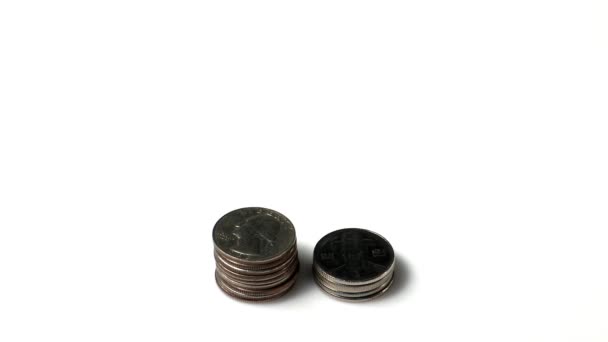 stacks of coins growing isolated on white background, economy concept  - Footage, Video