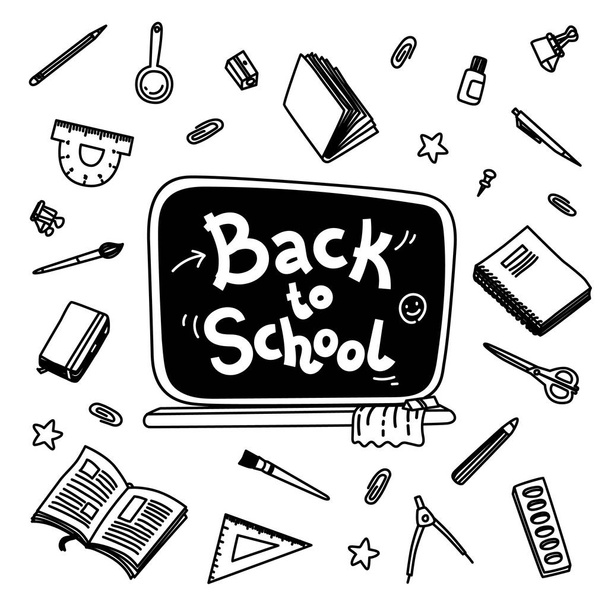 Stationery collection. Outline style. Back to school thin line vector doodle illustration template isolated on white background. Sketchy vector concepts with stationery for graphic design, web banner  - Vector, Image