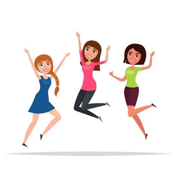 Szczęśliwy Grupa dziewcząt skoki. Białe tło. Pojęcie przyjaźni, zdrowego stylu życia, sukcesu. Ilustracja wektorowa w stylu płaskim i kreskówki - Wektor, obraz