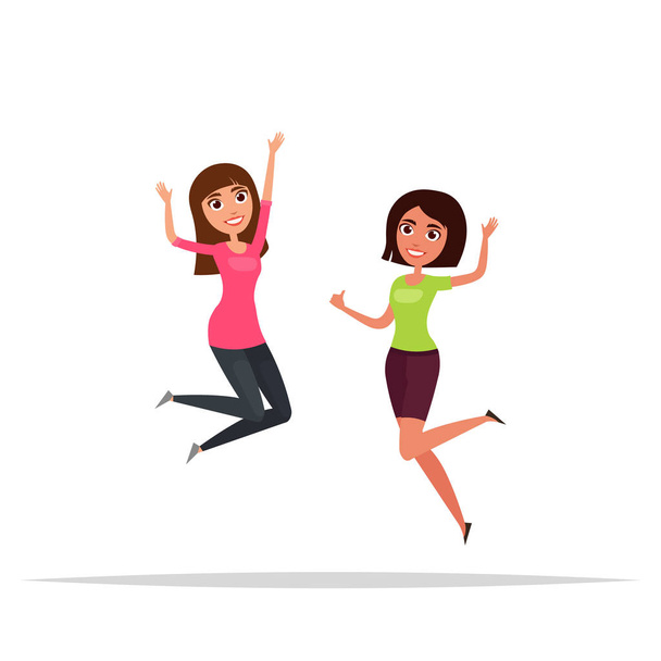 fröhliche Gruppe von Mädchen springen. weißer Hintergrund. das Konzept der Freundschaft, gesunder Lebensstil, Erfolg. Vektor-Illustration im flachen Cartoon-Stil - Vektor, Bild