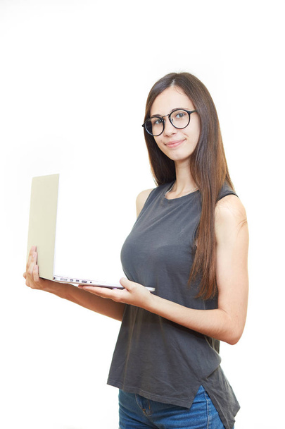 Portrait smiling young business woman in glasses isolated over w - Photo, Image