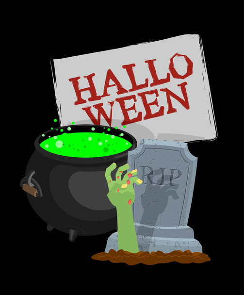 Modèle Halloween. Pot avec potion magique et main de zombie
.  - Vecteur, image