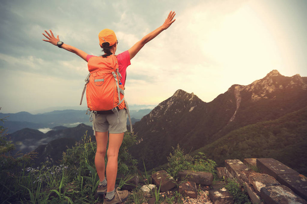 Jonge vrouw wandelaar met open armen op de top van berg - Foto, afbeelding