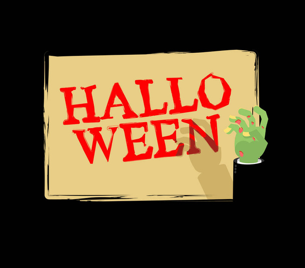 Halloween Zombie hand holding white sheet. Green hand holds and  - Vector, Image