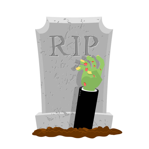 Halloween. Grave and hand of zombie. Gravestone and arm dead man - Vector, Image