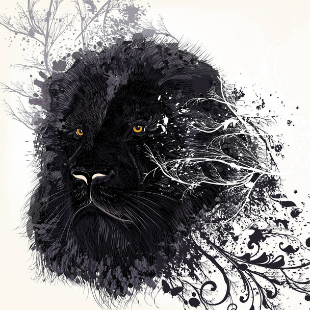 Fashion background with wild black lion in grunge style - Vector, Image