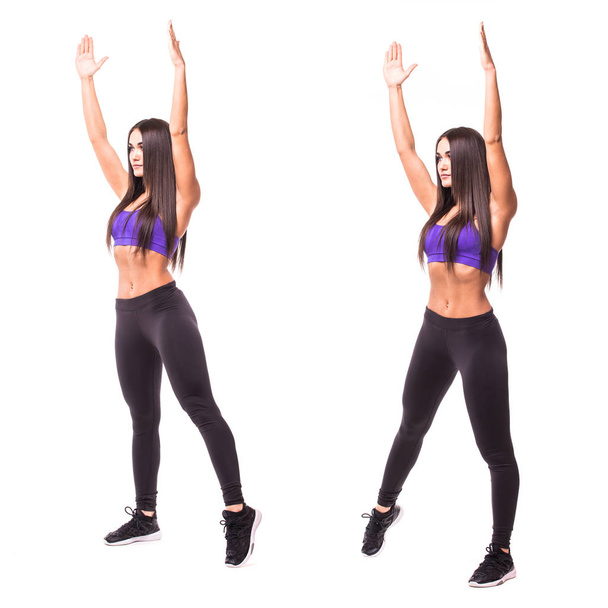 Sport beauty woman do Jumping Jacks fitness exercises on white background. Woman demonstrate begin and end of exercises. Set of fitness exercises - Photo, Image
