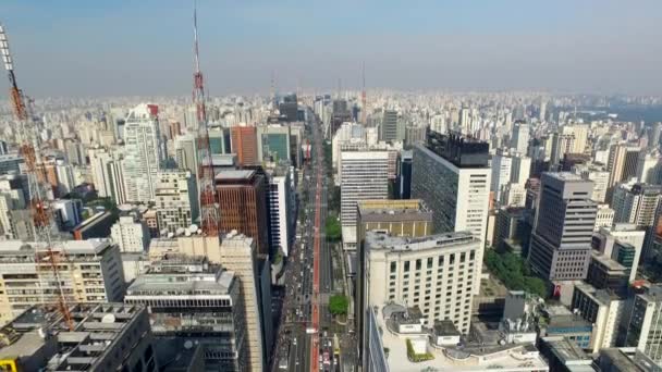 Sao Paulo, Brazil, August, 2017. Aerial view on Paulista Avenue, in Sao Paulo city.  - Video