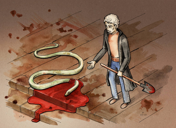 Man standing beside dead snake - Photo, Image