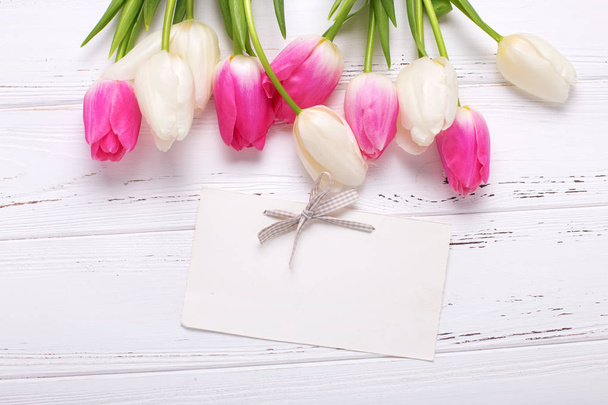  Empty tag and pink and white tulips flowers  - Foto, afbeelding