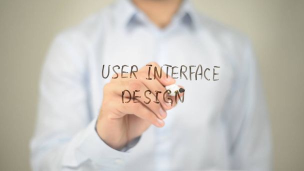 User Interface Design, Man Writing on Transparent Screen - Fotografie, Obrázek