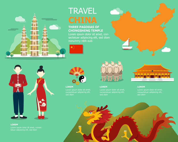 Карта Китаю і Орієнтир іконки для подорожей - Вектор, зображення