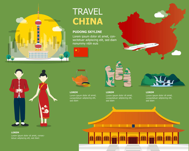 Χάρτης της Κίνας και εμβληματικά για ταξίδια - Διάνυσμα, εικόνα