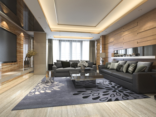 3D візуалізація розкішної та сучасної вітальні зі шкіряним диваном
 - Фото, зображення