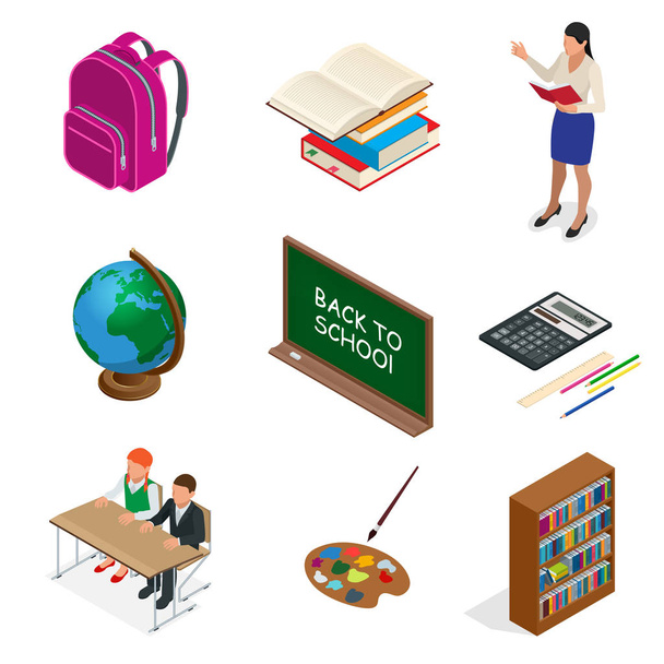 Isometric Educational Concept. Open book of knowledge, back to school, different educational supplies Can be used for workflow layout, banner, diagram, number options, web design and infographics. - Vector, Image