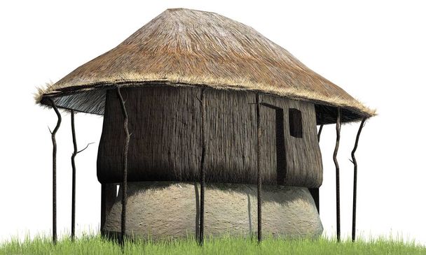 Reetdachhütte im Gras - isoliert auf weißem Hintergrund - Foto, Bild