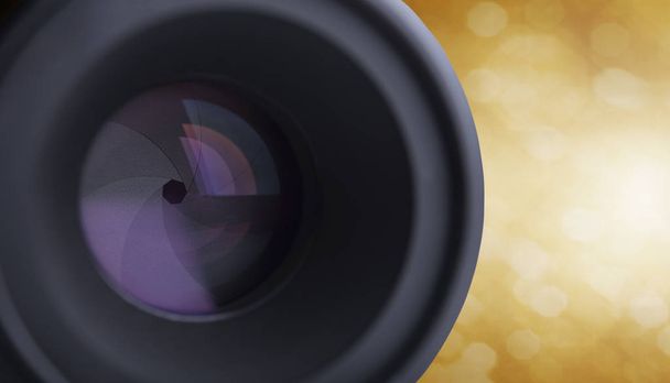 closeup camera lens with blurred bokeh light background. - Photo, Image