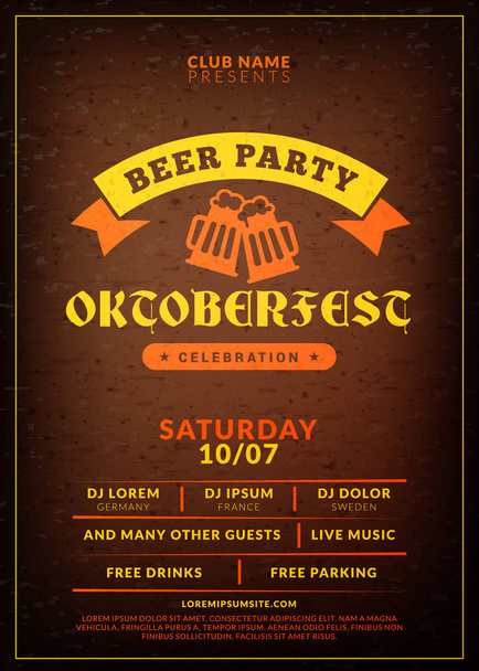 Γιορτή Φεστιβάλ μπύρας Oktoberfest. Τυπογραφία αφίσα ή πρότυπο flyer για κόμμα μπύρα. Εκλεκτής ποιότητας μπύρα ετικέτα στο καφέ φόντο ξύλινη υφή - Διάνυσμα, εικόνα