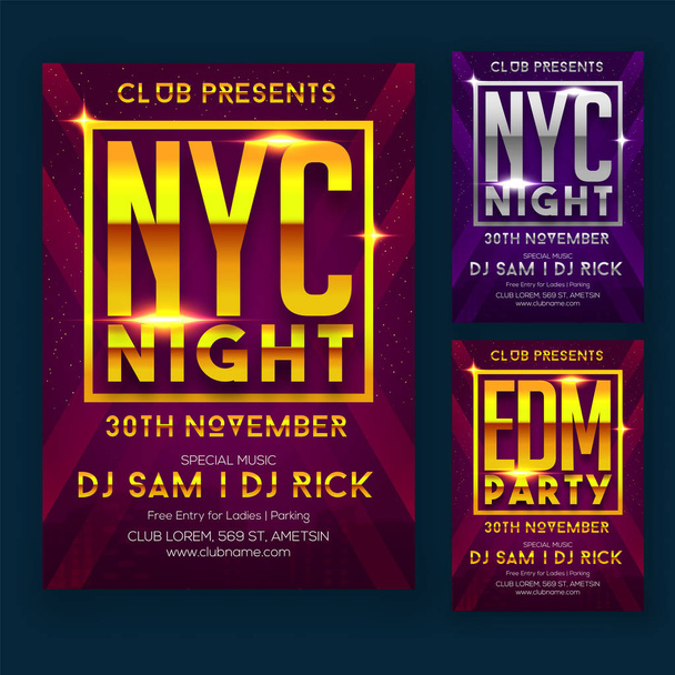 Night Party Flyer or Poster Design with Neon Text and Three Diff - Vector, Image
