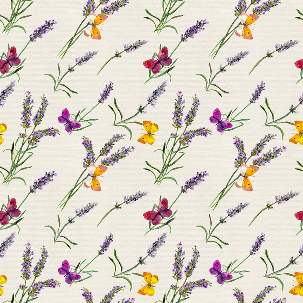 Lavender flowers, butterflies. Watercolor seamless pattern - Фото, изображение