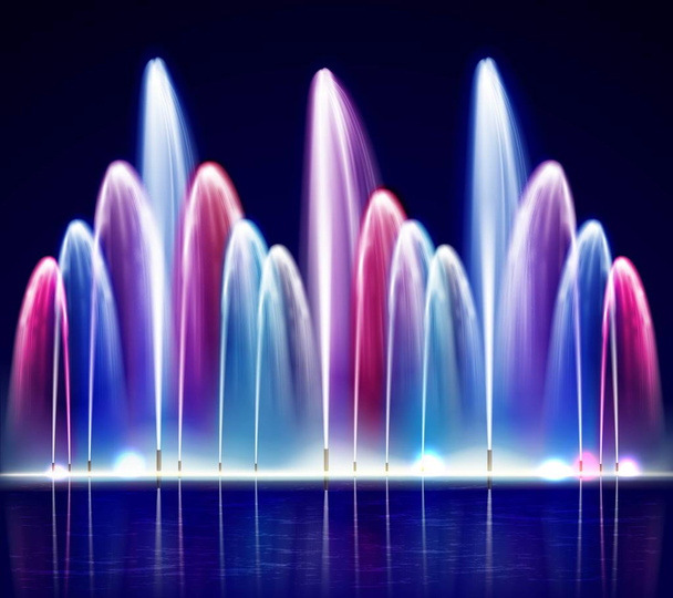 Valoisa yö värikäs suihkulähde realistinen kuvitus
 - Vektori, kuva