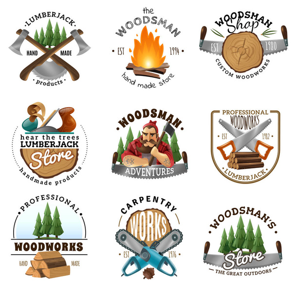 Set di etichette con logo taglialegna
 - Vettoriali, immagini