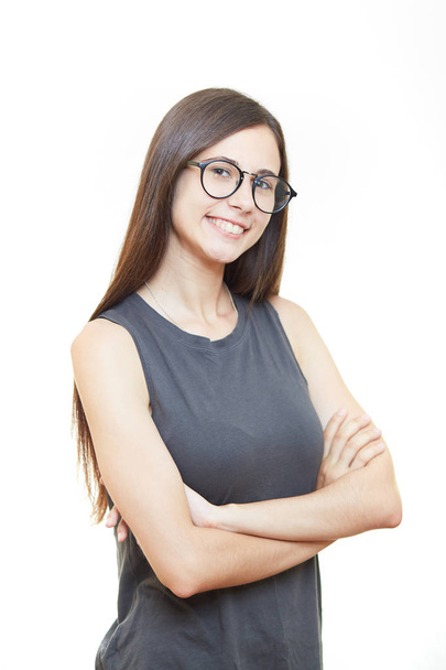 Woman in glasses office emotions. White background - 写真・画像