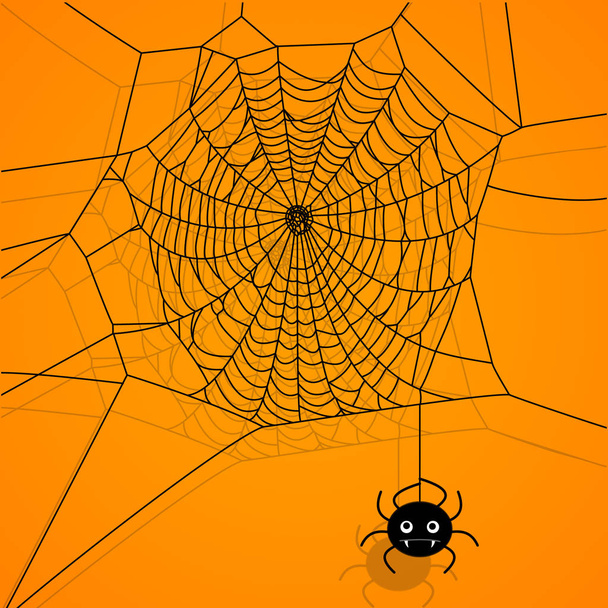 Διάνυσμα ιστός αράχνης και μικρή αράχνη σε πορτοκαλί φόντο. Καρτούν εικονογράφηση. - Διάνυσμα, εικόνα