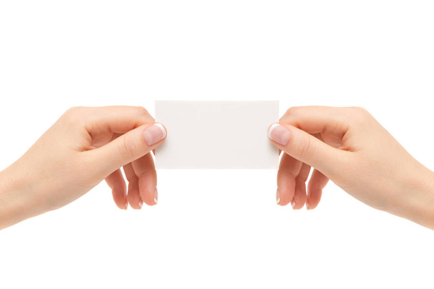 Kobiece ręce trzymać karty biały na białym tle. - Zdjęcie, obraz
