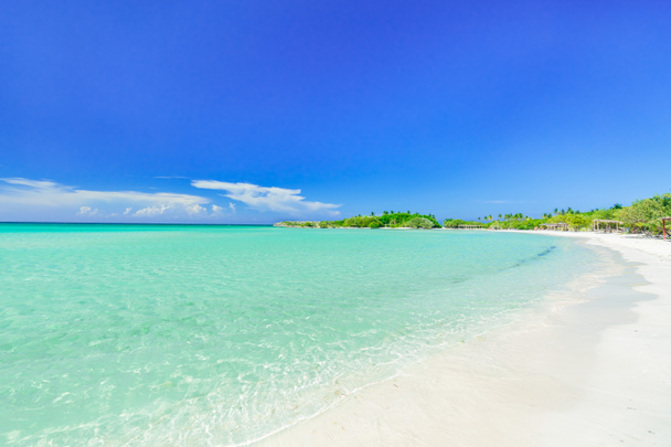 дивовижний захоплюючий вид на тропічний білий піщаний пляж і спокійний бірюзовий океан на блакитному небі з людьми на фоні
  - Фото, зображення
