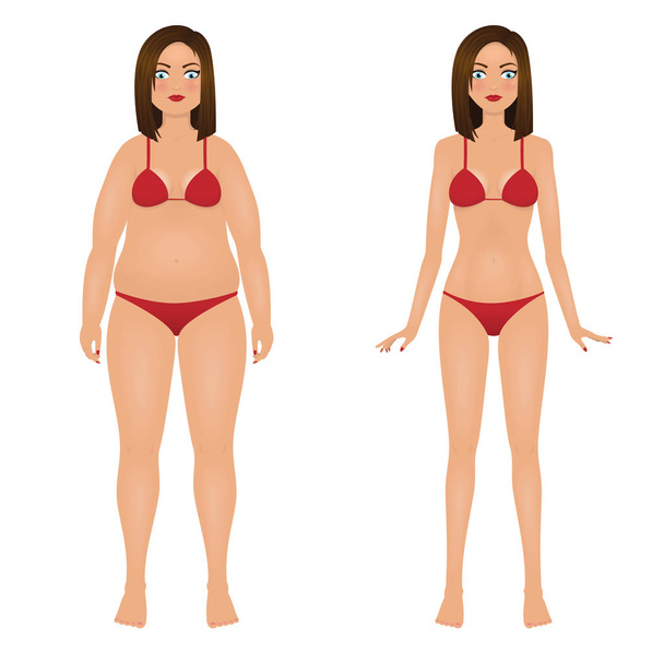 dicke und schlanke Frau im roten Bikini. Mädchen vor und nach dem Abnehmen. isolierte Vektorabbildung. - Vektor, Bild