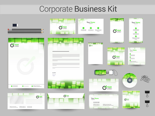Corporate Business Kit in green and white colors. - Vector, Imagen