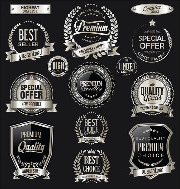 Luxury badges and labels with laurel wreath silver collection - Vektör, Görsel