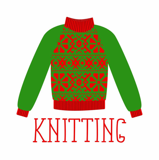 Winter warm sweater with an ornament, sweet shot, jumper for knit, red and green color. - Vector, Image
