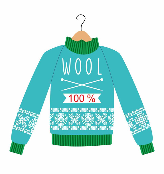 illustration sweater with a pattern on a hanger. Winter warm sweater with an ornament, sweet shot, jumper for knit, blue and green color. - Vector, Image
