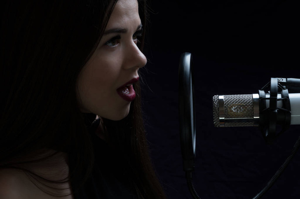 Όμορφη κοπέλα που τραγουδά στο στούντιο ηχογράφησης με μικρόφωνο - Φωτογραφία, εικόνα