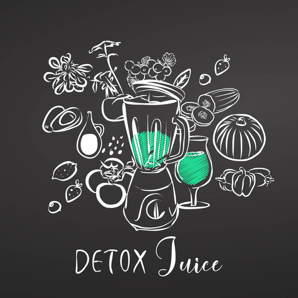 Detox Juice. Vegetables and Mixer. Chalk on Blackboard - Vector, Image
