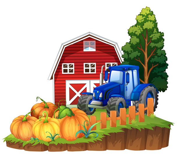 Granja escena con tractor azul y calabazas
 - Vector, Imagen