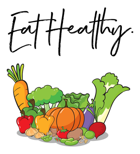 Espressione di parola per mangiare sano con verdure fresche in backgro
 - Vettoriali, immagini