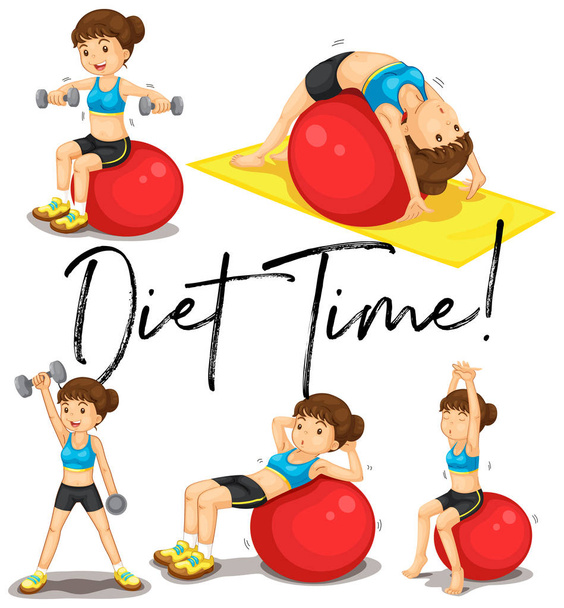 Kadın topu ile egzersiz diyet zaman poster - Vektör, Görsel