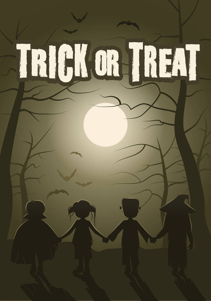 Doce ou travessura. Grupo de crianças na floresta na noite de Halloween
 - Vetor, Imagem
