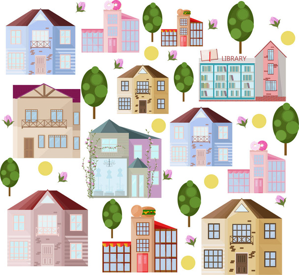 Buildings and green trees Pattern background Vector - ベクター画像