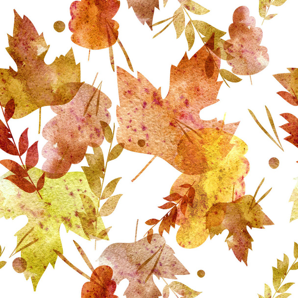 Watercolor autumn pattern from leaves of different shapes of autumn elements and patterns. Red, yellow, brown on a white background. Autumn hipster background. Bright pattern. Autumn template. - Foto, Bild