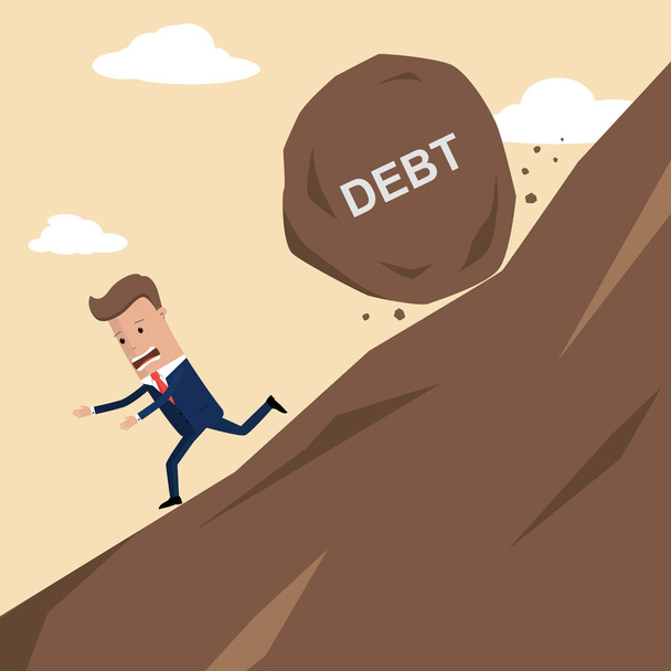 Businessman running away from big stone with message debt that is rolling down to him. Vector illustration - Vector, Image