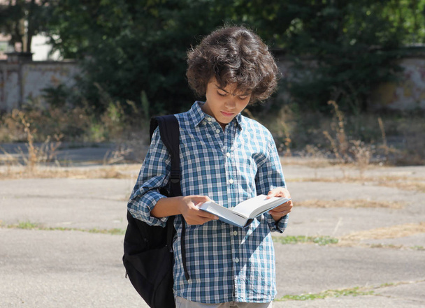 A curly schoolboy with a book - Photo, Image