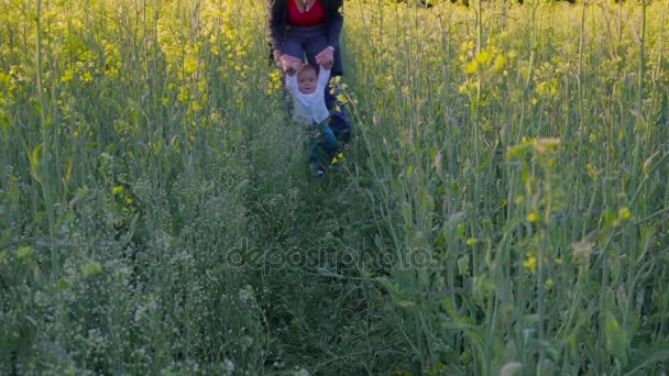 baby to learn to walk in a rapeseed field Slow motion - Кадры, видео