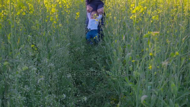 baby to learn to walk in a rapeseed field Slow motion - Materiał filmowy, wideo