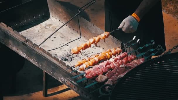 Man Preparing Barbecue on the Food Festival. Slow Motion - Felvétel, videó