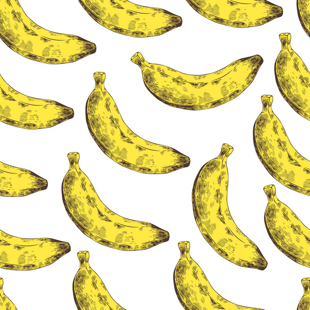 Abstract seamless pattern, wallpaper, background, backdrop. Yellow with white hand drawn banana. Vector sketch, tropical exotic fruit. Template for printing, packaging, advertising, web design, card - Вектор, зображення