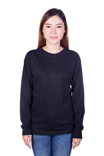 woman in black long sleeve t-shirt isolated on a white backgroun - Foto, afbeelding